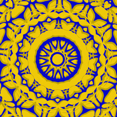 Background with decorative circular pattern in blue and yellow colors.