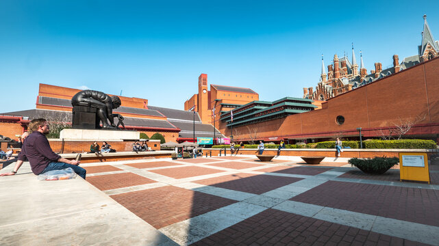 The British Library, London. A bright Spring day in the courtyard of the brick built library, depository and academic literary institution.