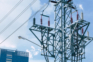 High voltage power electricity post in city urban, electric supply in metro.
