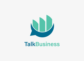 Talk Business Logo. Blue Geometric Shape Talk Bubble Icon with Buildings or Growth Chart Icon. Usable for Finance, Business, Corporate and Branding Logos. Flat Design Vector Template Element