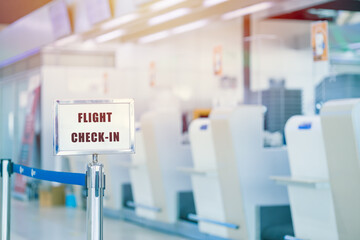 Airline flight counter check-in gate in Airport terminal international departure area.