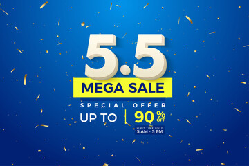 Mega sale and special offer on bright blue background at 5  5 sale.