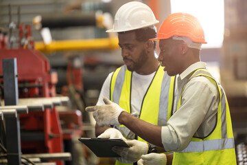 Black worker, Engineer team working helping together in metal factory heavy industry.