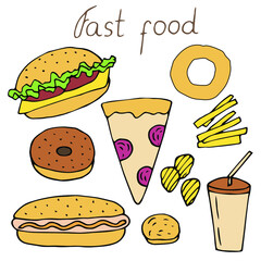 Fast food set vector illustration, hand drawing doodles colored