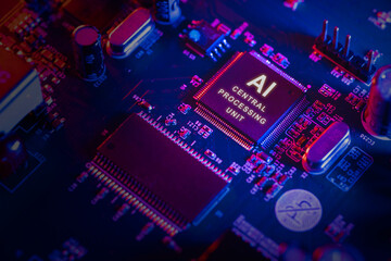 AI central processing unit chip in modern smart and learning electronic device.