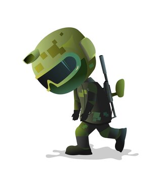 Warrior Paintball Player Goes Sad. Comic Funny Character. Helmet, Mask And Uniform. Isolated On White Background. Vector