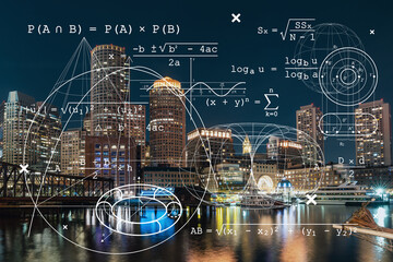 Fototapeta na wymiar City view panorama of Boston Harbour and Seaport Blvd at night time, Massachusetts. Building exteriors of financial downtown. Education concept. Academic research, top ranking universities, hologram
