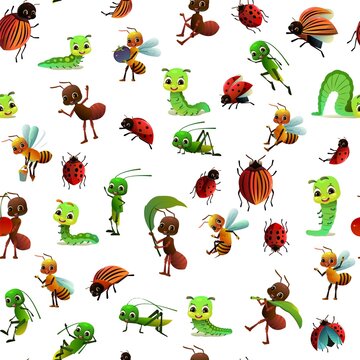Set of insects persons. Wildlife object. Ant, ladybug and caterpillar. Seamless pattern, bee and grasshopper. Little funny Cute cartoon style. Isolated on white background. Vector