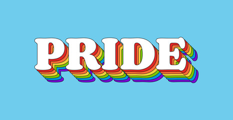 PRIDE Rainbow Lettering in Retro Style. Rainbow Pride Text Isolated on Light Blue Banner Background. Typography Design Element for Pride Month - 496672801