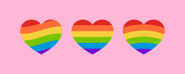 Gay Pride Rainbow Flag Heart Set. Set of Heart Icons with LGBT Rainbow Flag Pattern. Vector Rainbow Heart Illustrations Isolated on Pink Background