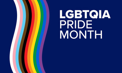 LGBTQ+ Pride Month Banner. LGBTQIA Pride Month Text on Dark Blue Background with Pride Flag Illustration - obrazy, fototapety, plakaty