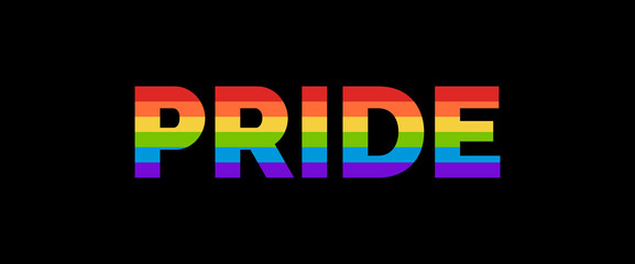 PRIDE Rainbow Typography Banner. Pride Text Isolated on Black Background with LGBTQ Rainbow Pride Flag Pattern - 496672826