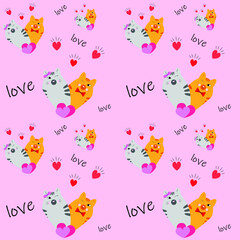 Loving cartoon cats. Lovely cats. Seamless pattern for kids. Vector illustration