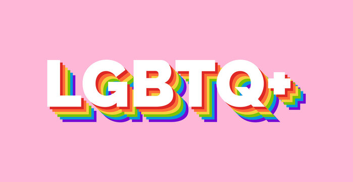 LGBTQ+ Lettering on Pink Background Banner. LGBTQ+ Rainbow Typography Vector Illustration.