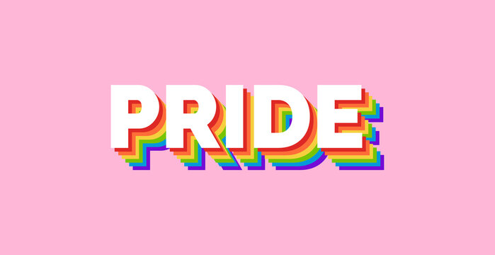 PRIDE Rainbow Text Banner for LGBTQ+ Pride Month. Pride Typography with Rainbow Flag Colours on Pink Background.