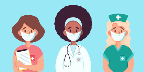 Vector set of woman in medical uniform and face mask. Female doctor and nurse. Vector illustration. Coronovirus.