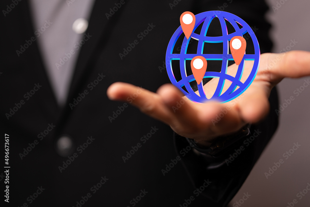 Poster Digital hologram of the Earth with satellites on orbit. Digital globe with statistics data global