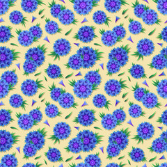 Vintage endless pattern with cornflowers and leaves on soft yellow background. Retro background, gift wrapping, wallpaper concept with yellow spring flowers. 