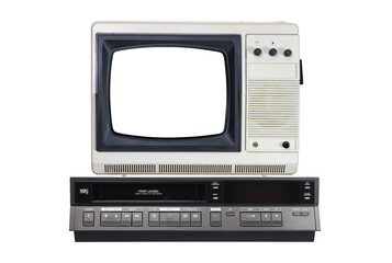 Old TV with white screen and VCR isolated on white background.