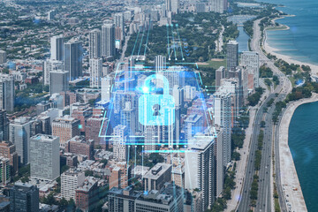 Fototapeta na wymiar Aerial panorama city of Chicago downtown area and Lake, day time, Illinois, USA. Birds eye view, skyscrapers, financial district. The concept of cyber security to protect confidential information