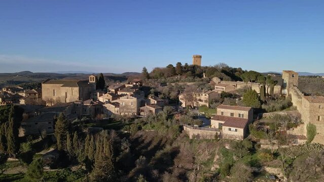 Aerial view of medieval town Monticchiello, Tuscany, Italy