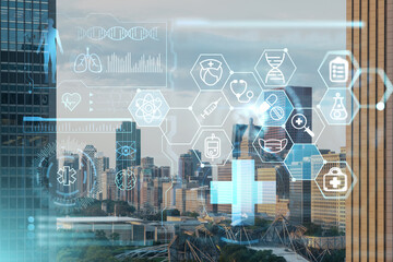 Aerial city panorama, Chicago downtown and Millennium Park, day time, Illinois, USA. Birds eye...