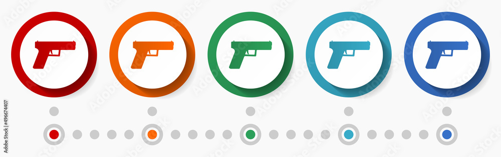 Poster Gun, pistol concept vector icon set, infographic template, flat design colorful web buttons in 5 color options