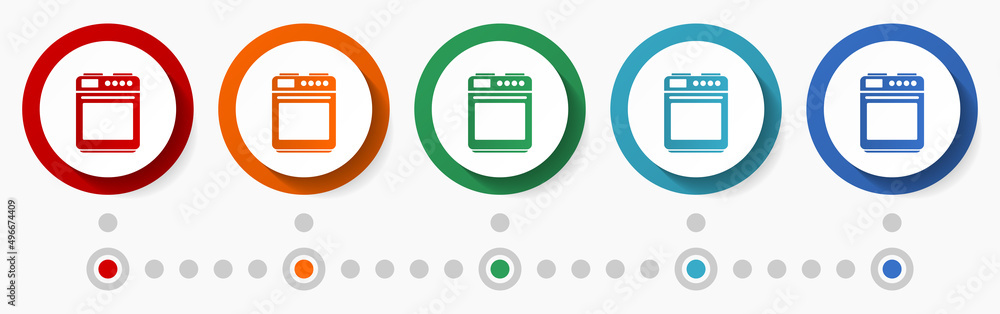 Aufkleber stove, oven concept vector icon set, infographic template, flat design colorful web buttons in 5 col
