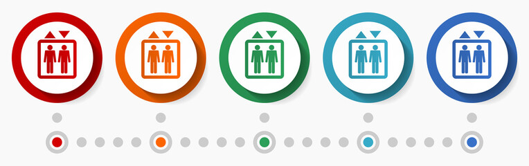 Elevator, lift concept vector icon set, infographic template, flat design colorful web buttons in 5 color options © Alex White