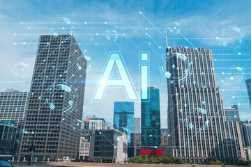 Panorama cityscape of Chicago downtown and Riverwalk, boardwalk with bridges at day time, Illinois, USA. Artificial Intelligence concept. AI and business, machine learning, neural network, robotics