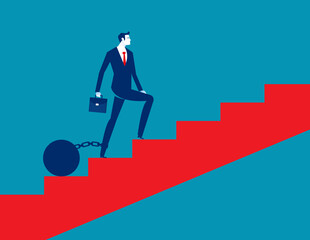 Businessman walking up stairs with weighted pendulum. Business vector illustration concept