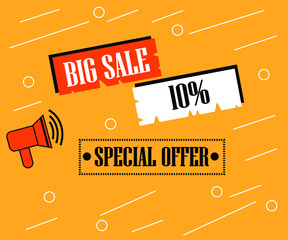 10% off special offer. Banner on a orange background for sales with megaphone