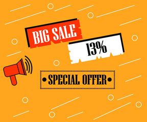 13% off special offer. Banner on a orange background for sales with megaphone