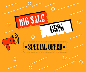 65% off special offer. Banner on a orange background for sales with megaphone