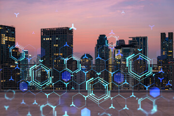 Rooftop with concrete terrace, Bangkok sunset skyline. Hi tech digital holograms to optimize...