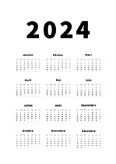 2024 year simple vertical calendar in french language, typographic calendar isolated on white