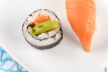 Sushi and rolls on a white plate.