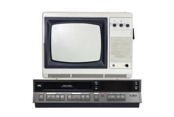 Old TV and VCR isolated on white background. 