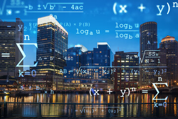 City view panorama of Boston Harbour and Seaport Blvd at night time, Massachusetts. Building exteriors of financial downtown. Education concept. Academic research, top ranking universities, hologram