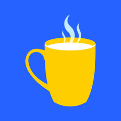 Yellow cute mug of hot tea or coffee on blue background in flat design style. Vector.
