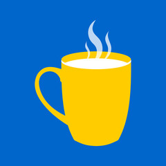 Yellow cute mug of hot tea or coffee on blue background in flat design style. 