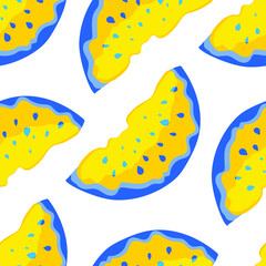 A piece of yellow watermelon with blue seeds on a white background. Seamless cute pattern for modern textile, decorative paper. Vector.