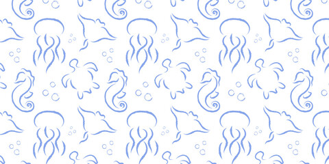 Seamless pattern of silhouettes of marine life in watercolor style on white background