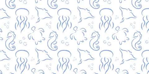 Papier Peint photo Lavable Vie marine Seamless pattern of silhouettes of marine life in watercolor style on white background