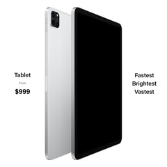 tablet silver color with black touch screen saver and backside view isolated on white background. mockup of realistic and detailed device. vector 3d isometric illustration