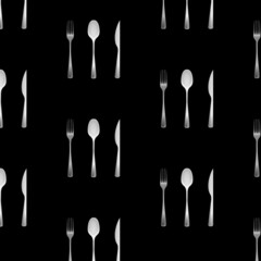 Pattern of kitchen utensils. Fork, spoon, knife silhouettes icons. Cutlery silhouettes on black background. Vector cutlery set for serving illustration
