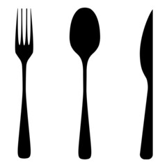 Black and white vector illustration of a spoon, fork and knife. Cutlery silhouettes on white background.