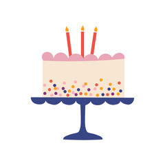Cake with candles. Hand drawn vector illustration in flat cartoon style. Isolated on white background.