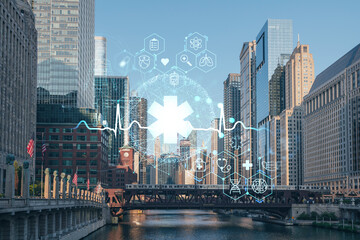 Panorama cityscape of Chicago downtown and Riverwalk, boardwalk with bridges at sunset, Illinois, USA. Health care digital medicine hologram. The concept of treatment and disease prevention