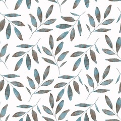 Floral seamless pattern. Digital watercolor with leaves. Botanical background for fabrics, wrapping paper, design.